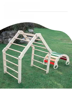 Outdoor view of wooden triangle climbing frame and rainbow sensory arch bridge for kids