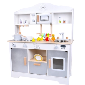 Modern white wooden play kitchen set for kids with stainless steel pots and toy food