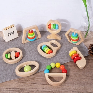 Set of multi-shaped wooden baby rattles with colorful beads for grasping and teething