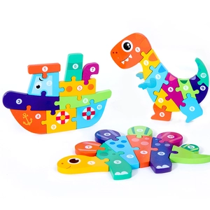 3D wooden puzzle set with colorful dinosaur and sailboat shapes featuring numbers 1-10