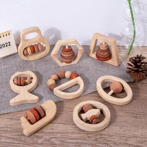 8-piece natural wooden baby rattle set with geometric shapes for grasping and teething