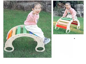 Macro detail of smooth rounded edges on colorful solid wood rainbow climbing frame for kids