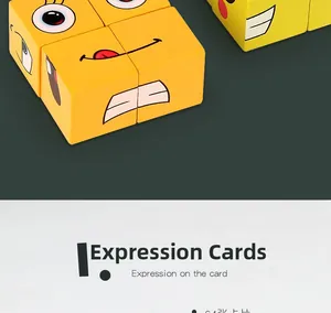 Close-up of wooden expression puzzle cubes showing vivid facial features and textures
