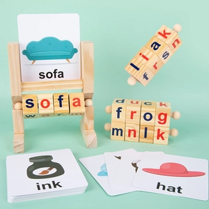 Pädagogisches Buchstabier-Spielset aus Holz mit bunten Würfeln und Lernkarten für Kinder