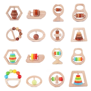 Set of 16 natural wooden baby rattles and teething toys for sensory grasp training