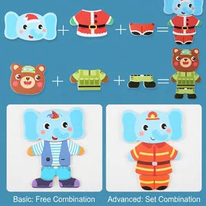 Wooden animal dress-up puzzle with bear and elephant outfits for toddlers aged 3-6