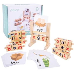 Pädagogisches Buchstabier-Lernspielzeug aus Holz mit Alphabetblöcken und Lernkarten