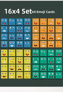 Detail of 64 multicolor expression cards for wooden building blocks puzzle board game