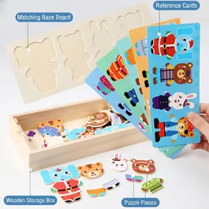 Wooden animal dress-up puzzle set with storage box and cards for toddlers aged 3-6