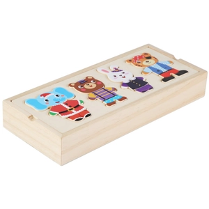 Wooden animal dress-up puzzle box for toddlers featuring bear and elephant characters