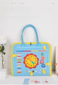 Detail of felt busy board featuring interactive clock, calendar, and season recognition tools