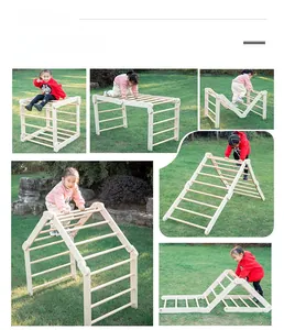 Detailed view of adjustable wooden climbing frame showing multiple modular configurations