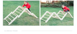 Foldable wooden climbing frame for kids with versatile configurations on grass background