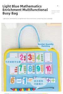 Detail of light blue felt busy bag with math counting beads and numeric flashcards