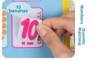 Detail of Montessori felt quiet book showing number ten and banana quantity matching