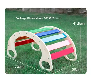 Detail showing dimensions of wooden rainbow climbing frame for indoor sensory play