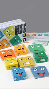 Detailed set of wooden facial expression cube blocks with iron storage box and cards