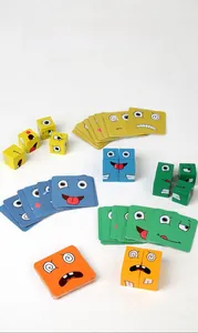 Detailed close-up of colorful wooden logic blocks and matching face emoji challenge cards