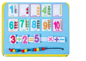 Detail of Montessori busy board showing colorful math counters and 1-10 number felt cards
