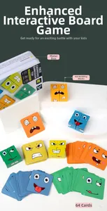 Detail view of 16 wooden expression blocks with 64 challenge cards and metal storage box
