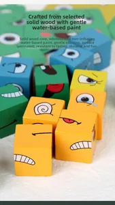 Detailed macro shot of durable wooden face-changing blocks with non-toxic water-based paint