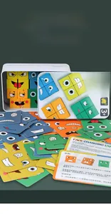 Tin box set featuring colorful wooden expression building blocks and challenge cards