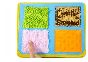 Detail view of four tactile fabric textures for kids sensory board including flip sequins