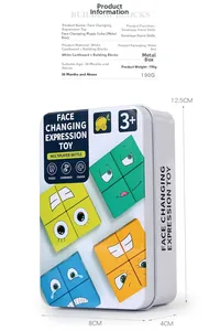 Detailed size specifications of the wooden face-changing puzzle in a portable tin box
