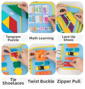Detail of Montessori busy board showing fine motor skill activities and math learning