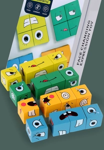Detailed view of colorful wooden expression puzzle blocks with various facial icons in a box