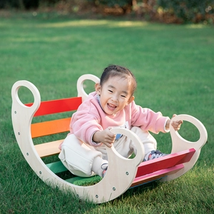 Rainbow wooden climbing arch and rocker for toddler sensory and balance training