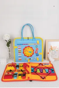 Detail of Montessori busy board for kids featuring clock, gears, and motor skill tools