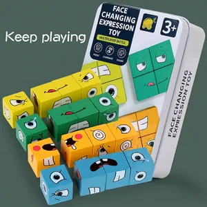 Face changing expression wood cube blocks game with white metal storage box for kids