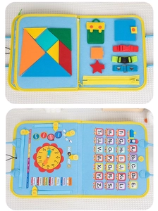 Detail of Montessori felt busy board showing zipper buckles and educational learning sections