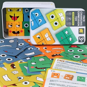 Educational wooden face-changing expression blocks set with colorful cards and metal box