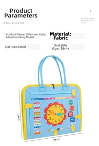 Detail view of Montessori busy bag showing clock and date learning tools for toddlers