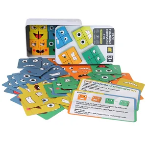 Face-changing wooden puzzle blocks game for kids with metal box and challenge cards