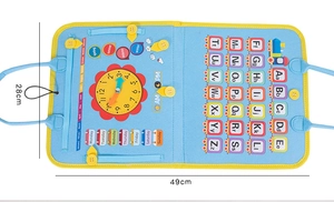 Detail view of Montessori busy board with clock, letters, and seasons on blue felt