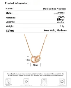Detail view of S925 silver Mobius double ring necklace with dimensions and specifications