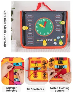 Detail of Montessori busy board showing clock, calendar, and shoe tying practice
