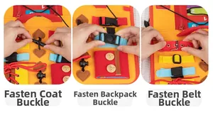 Close-up of children's Montessori felt busy board showing various buckles and buttons