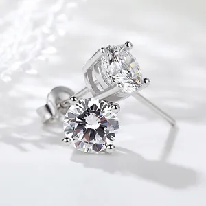 925 Sterling Silver Stud Earrings For Women 4-Prong Round Cut Rhinestone Elegant Fashion Jewelry Accessory Gift