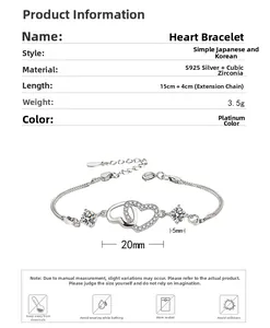 Detail of S925 silver interlocking heart bracelet with 15+4cm chain and cubic zirconia