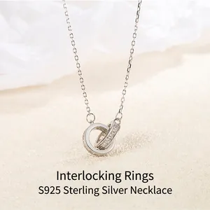 925 Sterling Silver Mobius Double Ring Pendant Necklace For Women Elegant Rhinestone Interlocking Circle Jewelry Accessories Gift