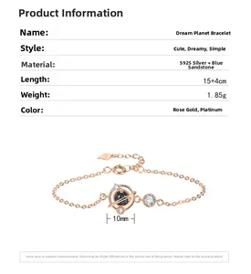 Spécifications du bracelet planète en argent S925 avec pierre de grès bleu et charme 10mm