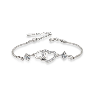 S925 sterling silver interlocking heart snake chain bracelet with sparkling zircon stones