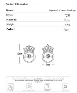 S925 sterling silver crown stud earrings with dancing cubic zirconia and dimensions 13x9mm