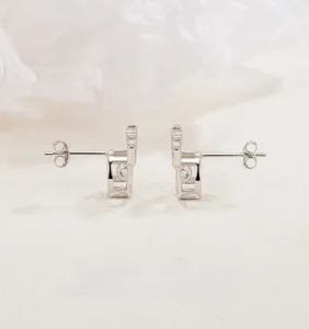 Detailed view of S925 sterling silver crown stud earrings with sparkling cubic zirconia