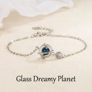 Bracelet Planète en Argent Sterling S925 pour Femme avec Pierre Glacée Bleue Goldstone Bleue Strass Plqué Or Rose Argent Bijoux