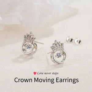 925 Sterling Silver Crown Stud Earrings For Women Dancing Stone Zirconia Inlaid Platinum Plated Elegant Queen Style Earring Jewelry